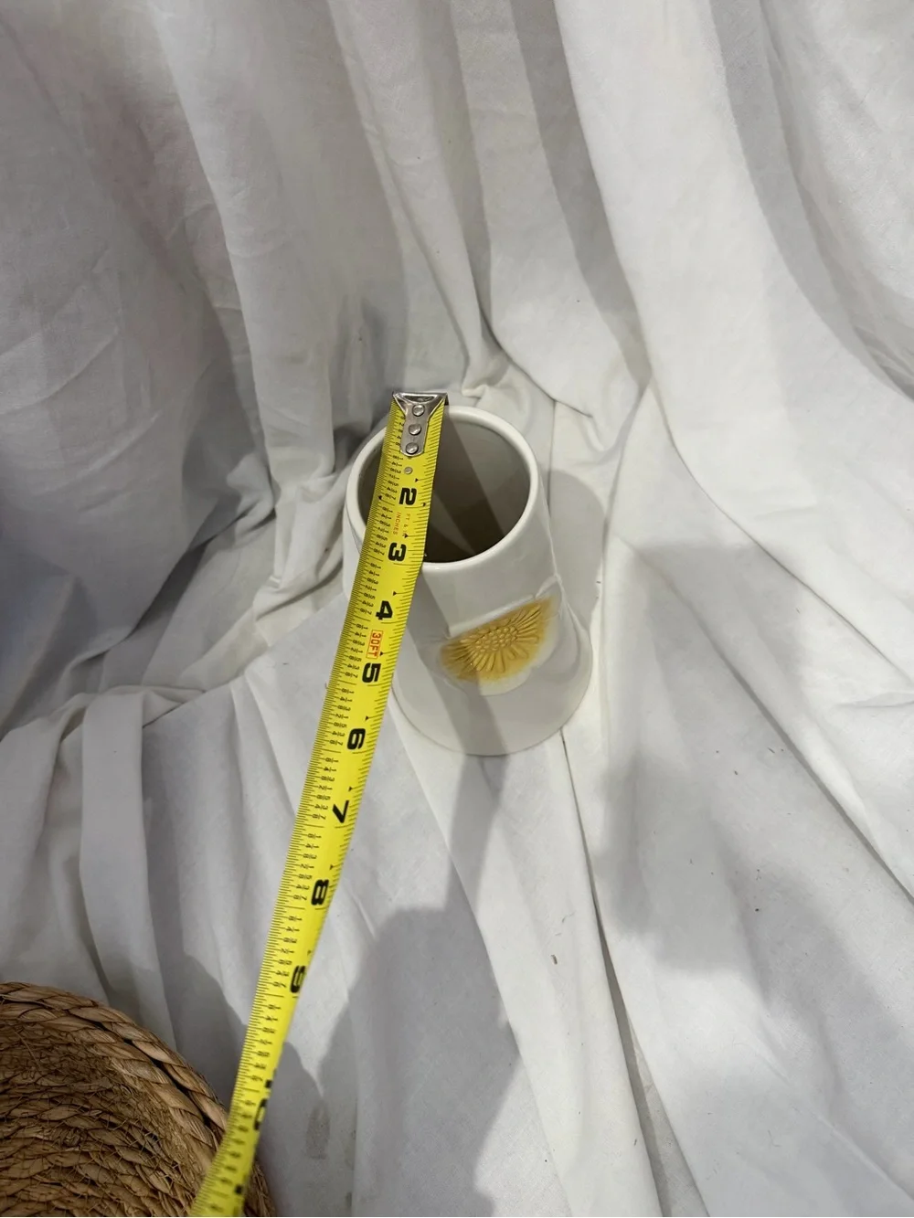 White Ceramic Vase with Yellow Daisy Detail
